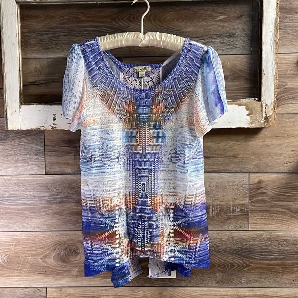 One World Ladies Sheer Blouse , Size Petite Small, Multicolor - Picture 2 of 7